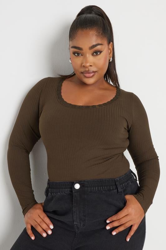 YOURS Plus Size Chocolate Brown Lace Trim Bodysuit | Yours Clothing  1