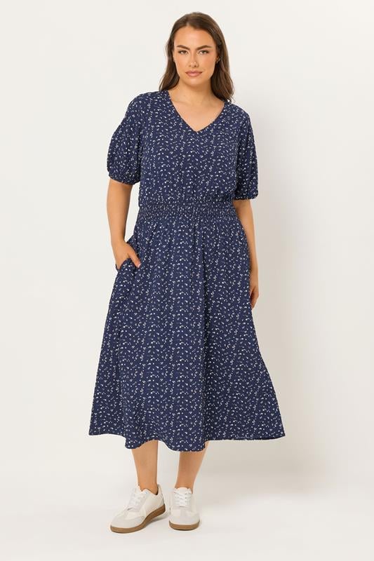  YOURS Curve Navy Blue Ditsy Floral Smock Dress