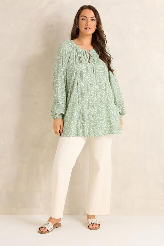 EVANS Plus Size Sage Green Ditsy Tie Neck Blouse | Evans 1