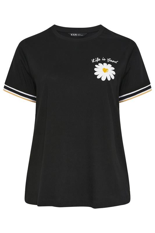YOURS Plus Size Black Daisy 'Life Is Good' Varsity Trim T-Shirt | Yours Clothing 5