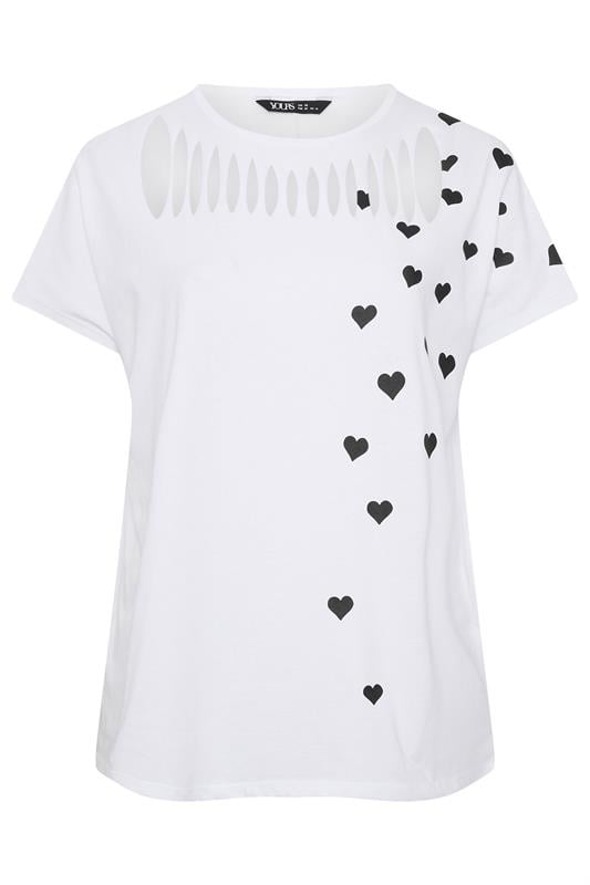 YOURS Plus Size White Printed Heart Slash Detail Top | Yours Clothing 5