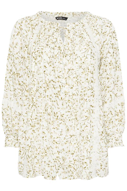 YOURS Plus Size Ivory White Leaf Print Tie Neck Top | Yours Clothing 5