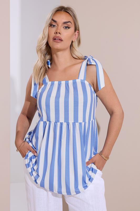 YOURS Plus Size Blue Stripe Tie Sleeve Peplum Top | Yours Clothing 1