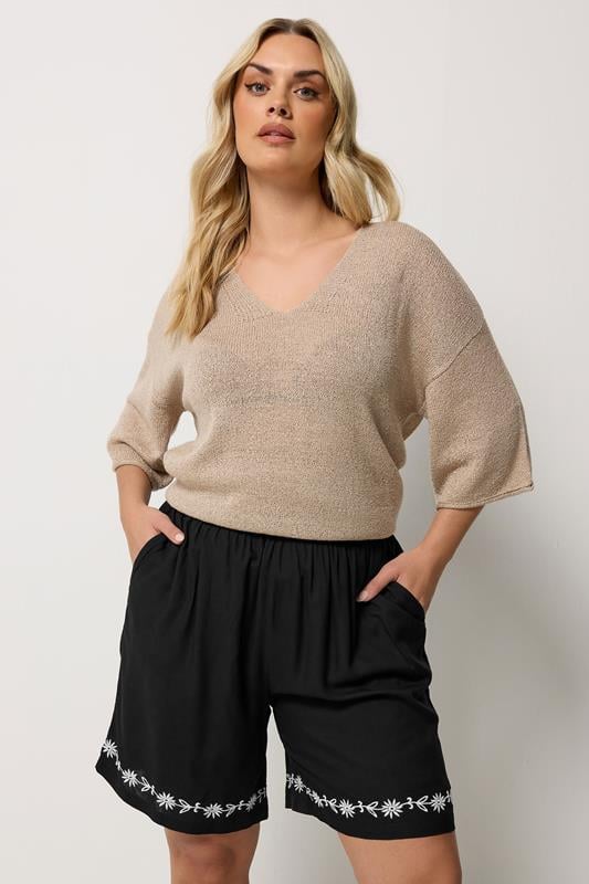 YOURS Plus Size Black Floral Embroidered Hem Shorts | Yours Clothing 1
