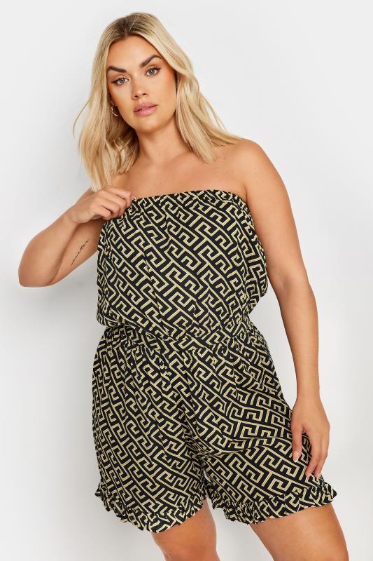 YOURS Plus Size Black Geometric Print Bandeau Playsuit | Yours Clothing 2