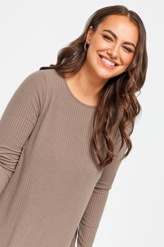 YOURS Plus Size Mocha Brown Ribbed Long Sleeve Swing Top | Yours Clothing 4