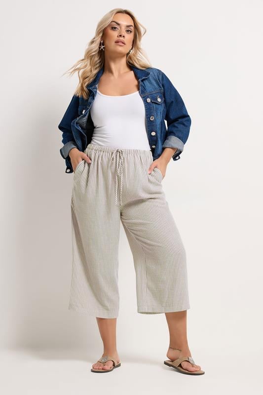  YOURS Curve Natural Brown Stripe Linen Look Cropped Trousers