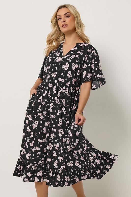 YOURS Curve Black Ditsy Half Placket Midi Dress