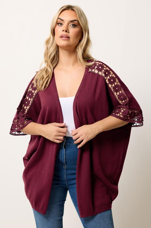  YOURS Curve Burgundy Red Crochet Sleeve Kimono