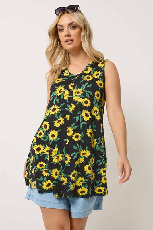  YOURS Curve Black Sunflower Pleat Front Vest Top