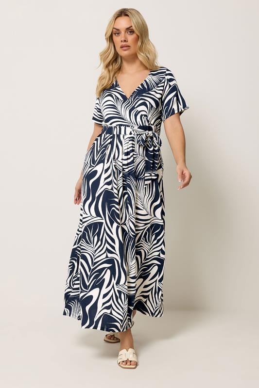  YOURS Curve Blue Leaf Print Wrap Front Dress