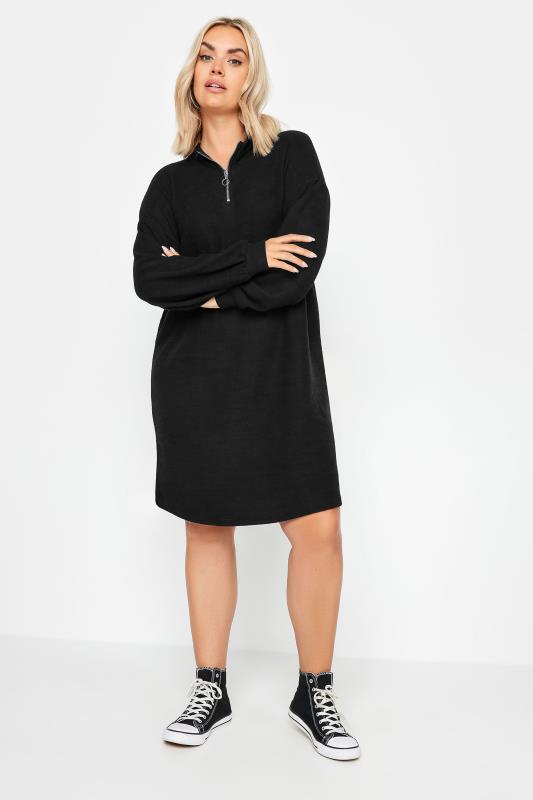 Plus Size  YOURS Curve Black Ribbed Quarter Zip Jumper Dress