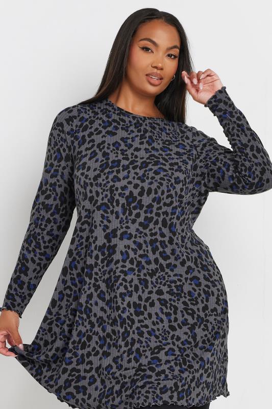 YOURS Plus Size Grey Leopard Print Lettuce Edge Tunic Top | Yours Clothing 4