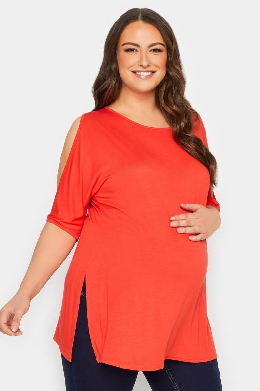 BUMP IT UP MATERNITY Plus Size Orange Cold Shoulder Split Hem Top | Yours Clothing 1