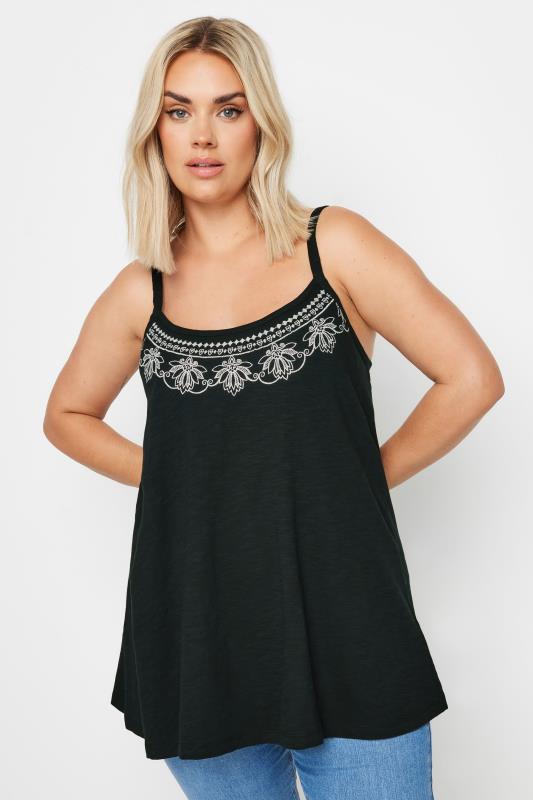 YOURS Plus Size Black Embroidered Swing Cami Top | Yours Clothing 1