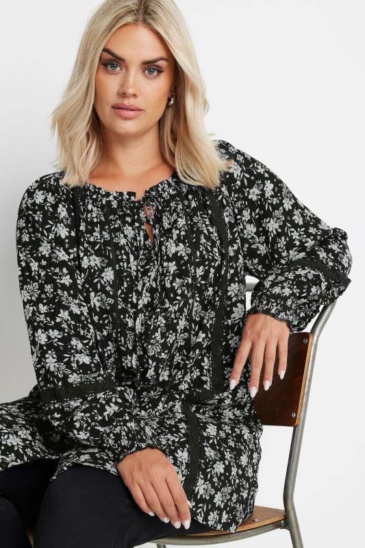 YOURS Plus Size Black Floral Print Tie Neck Boho Top | Yours Clothing 1