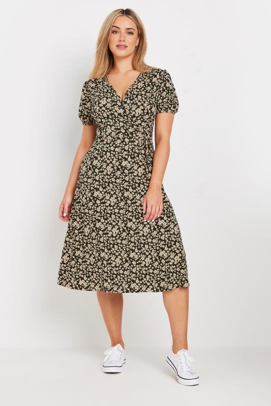 Women's  M&Co Natural Brown Ditsy Floral Print Midi Wrap Dress