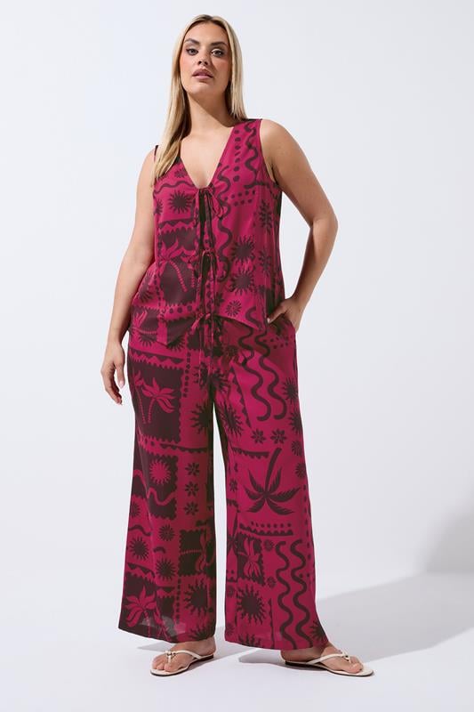  LIMITED COLLECITON Curve Berry Red Summer Print Wide Leg Trousers