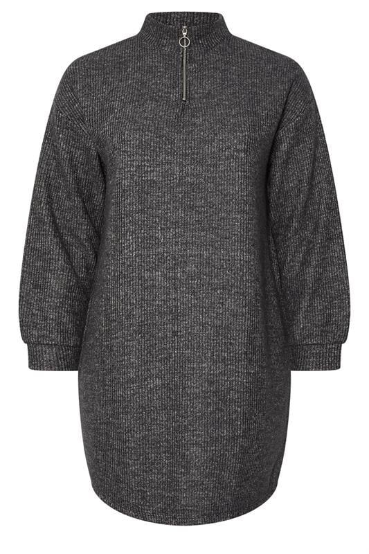 YOURS Plus Size Charcoal Grey Zip Neck Ribbed Jumper Dress | Yours Clothing 5