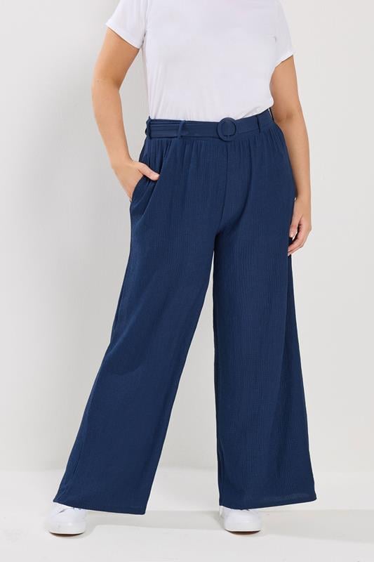  YOURS Curve Navy Blue Belted Textured Wide Leg Trousers