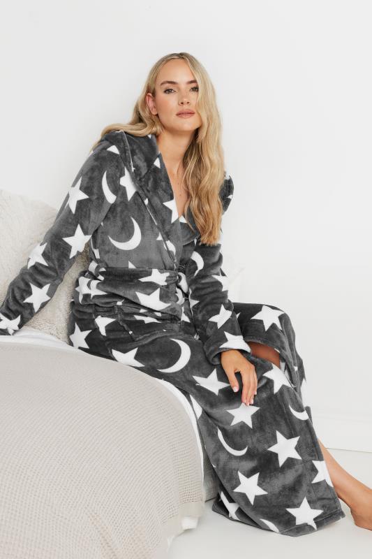 LTS Tall Grey Star & Moon Print Hooded Maxi Dressing Gown | Long Tall Sally 1