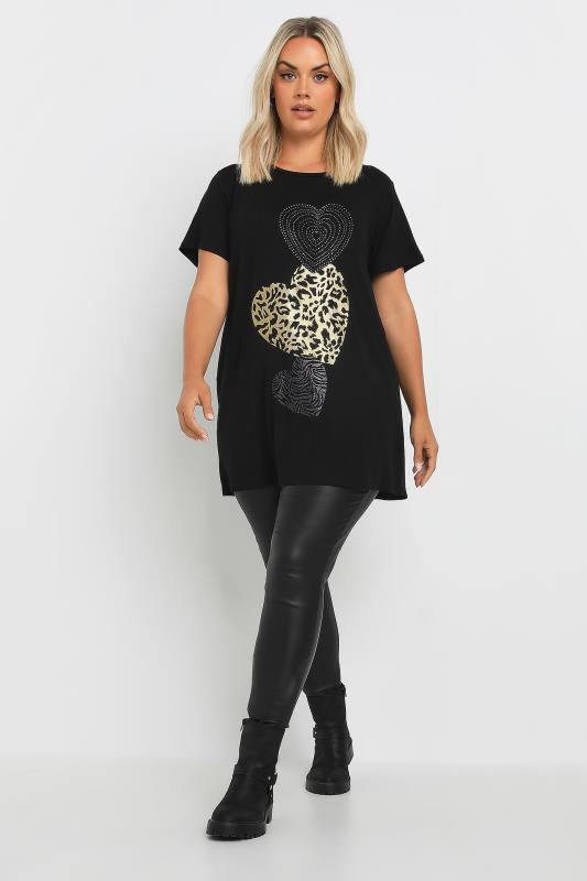 YOURS Plus Size Black Glitter Heart Print T-Shirt | Yours Clothing 2