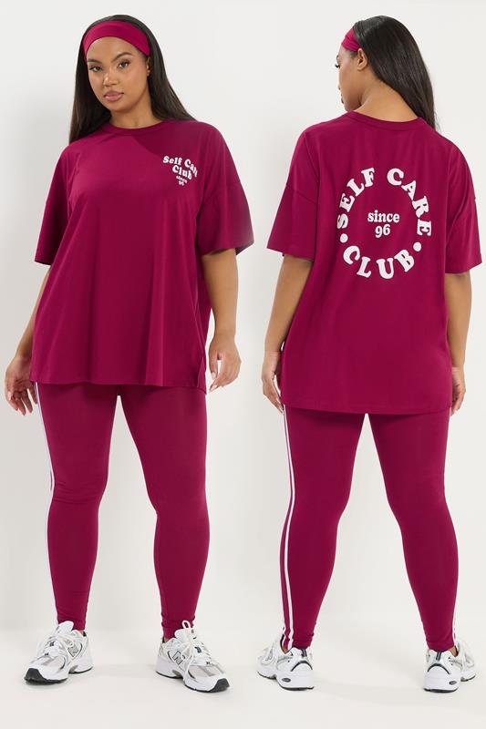 YOURS ACTIVE Curve Burgundy Red 'Self Care Club' T-Shirt