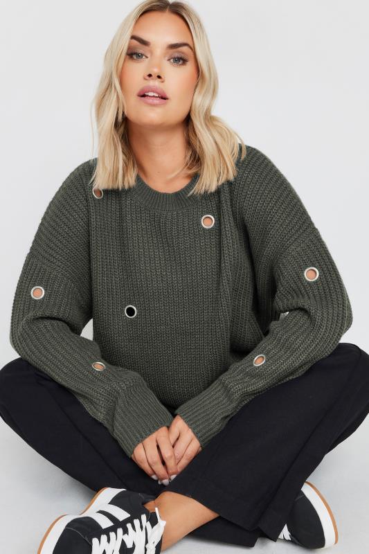 YOURS Plus Size Charcoal Grey Eyelet Knitted Jumper | Yours Clothing 1