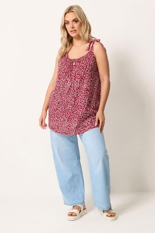 YOURS Plus Size Red Ditsy Floral Strappy Vest Top | Yours Clothing 1