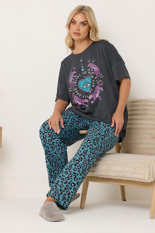  YOURS Curve Charcoal Grey 'Wild And Free' Leopard Wide Leg Pyjama Set