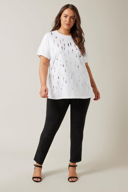 EVANS Plus Size White Sequin Embellished T-Shirt | Evans  2