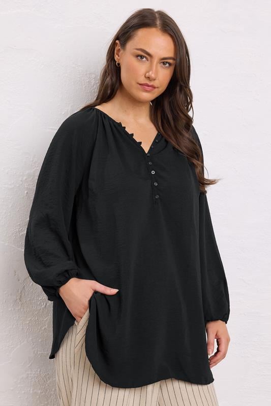 Plus Size  EVANS Curve Black Button Front Long Sleeve Blouse