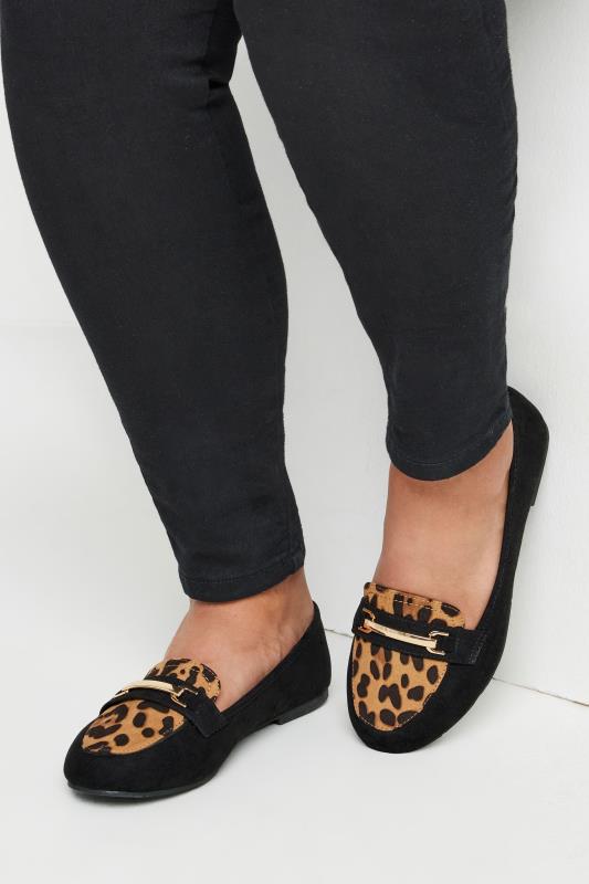 Plus Size  Yours Black & Leopard Print Loafers In Extra Wide EEE Fit