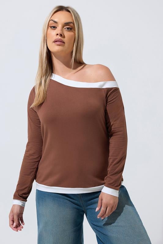  LIMITED COLLECTION Curve Chocolate Brown Contrast Off Shoulder Top