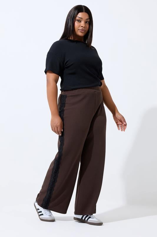 LIMITED COLLECTION Plus Size Chocolate Brown Lace Insert Trousers | Yours Clothing 1