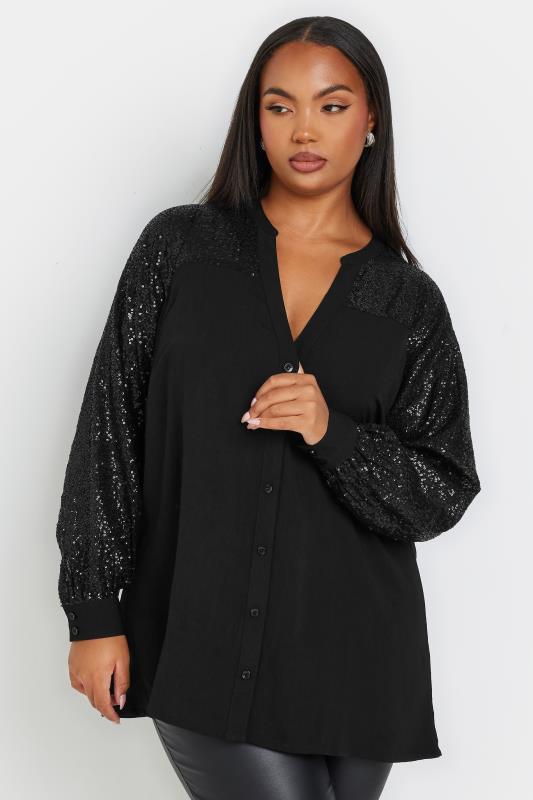 YOURS Plus Size Black Sequin Sleeve Blouse | Yours Clothing  1