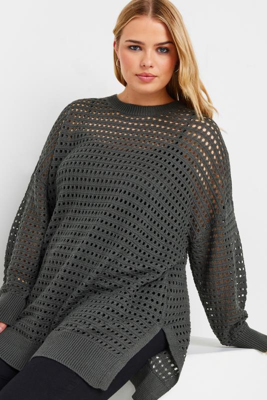 YOURS Plus Size Slate Grey Side Split Crochet Jumper | Yours Clothing 4