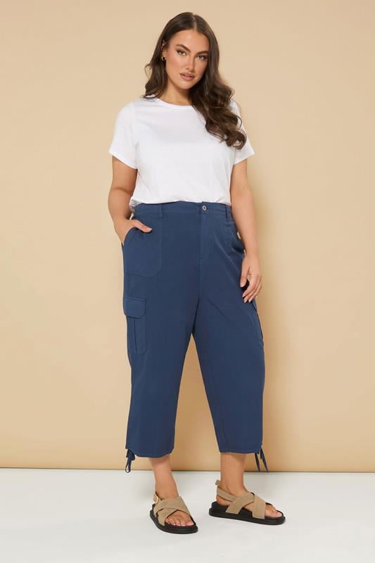 YOURS Plus Size Navy Blue Cotton Cropped Cargo Trousers | Yours Clothing 2