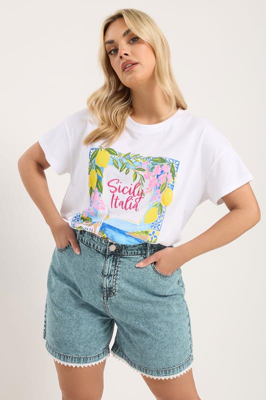  YOURS Curve Blue Scallop Edge Denim Shorts