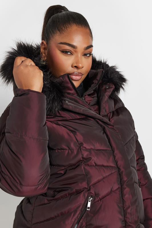 YOURS Plus Size Red Faux Fur Trim Puffer Coat | Yours Clothing 6