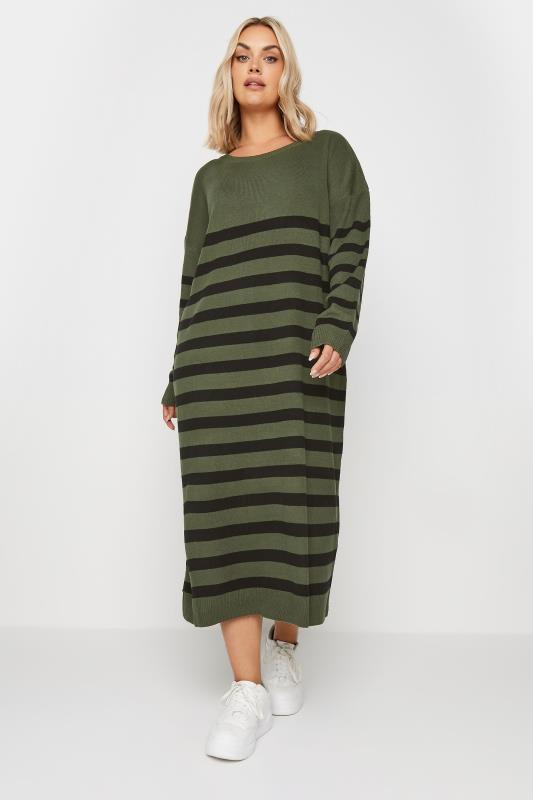 YOURS Plus Size Khaki Green Stripe Knitted Jumper Dress | Yours Clothing 2