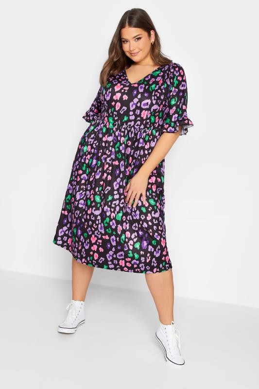 YOURS Plus Size Black Animal Print Smock Midi Dress | Yours Clothing 1