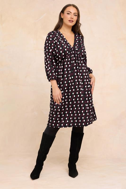 EVANS Plus Size Burgundy Red Geometric Print Midi Dress | Evans