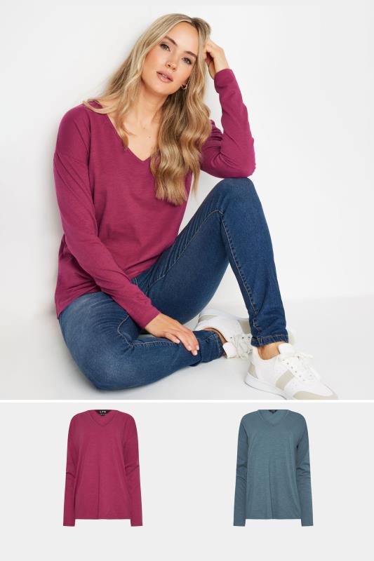 LTS Tall Women's 2 Pack Pink & Blue V-Neck Long Sleeve T-Shirts | Long Tall Sally 1