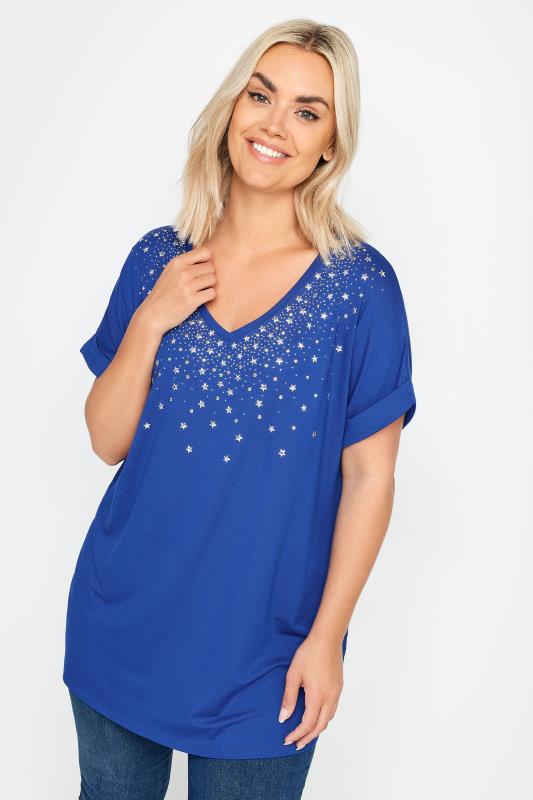 YOURS Plus Size Navy Blue Sequin Star Embellished T-Shirt | Yours Clothing 2