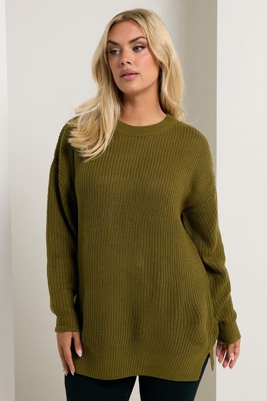 YOURS Plus Size Olive Green Drop Shoulder Jumper | Yours Clothing 1