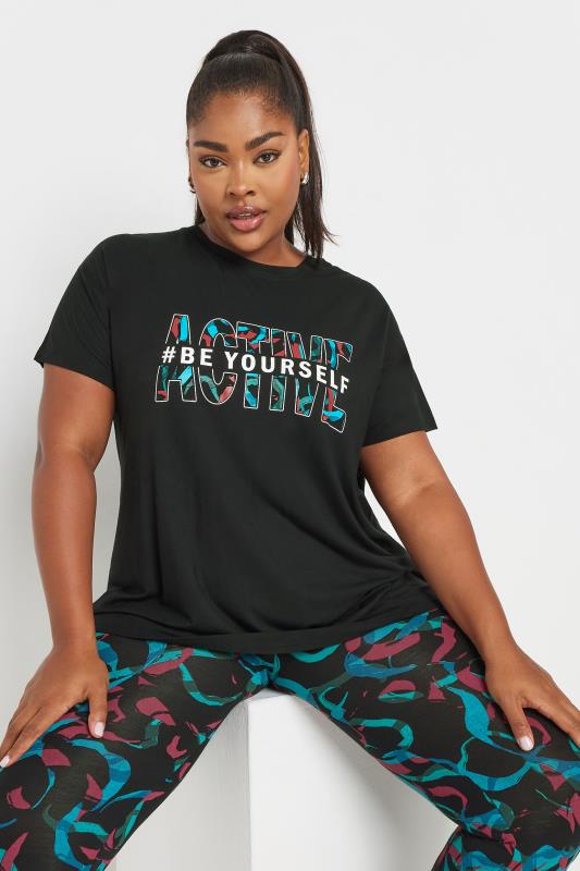 YOURS ACTIVE Plus Size Black 'Be Yourself' Slogan Print Top | Yours Clothing 1