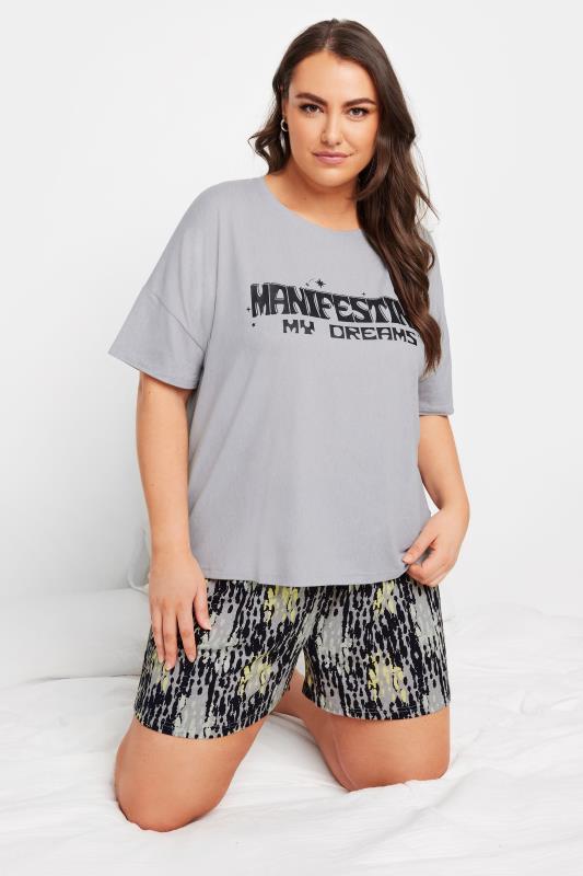 YOURS Plus Size Grey 'Manifesting My Dreams' Slogan Pyjama Set | Yours Clothing 1