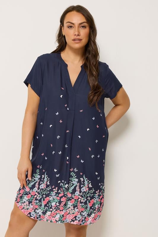  YOURS Curve Navy Blue Floral Tunic Dress