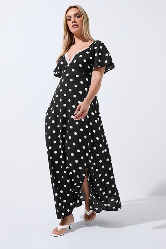  LIMITED COLLECTION Curve Black Polka Dot Lace Trim Maxi Dress
